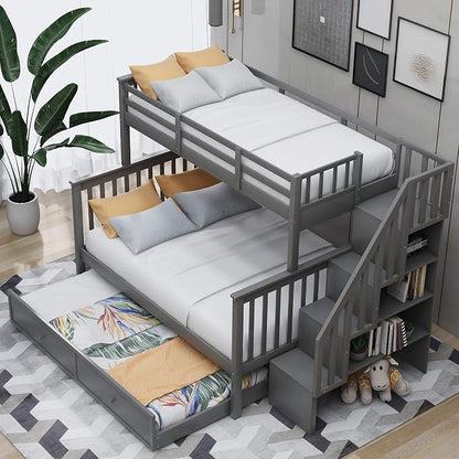 MERITLINE Twin Over Full Bunk Bed with Trundle, Storage Staircase,Solid Wood Bunk Bed with Stairs Box and Guardrail, No Spring Box Needed (Grey &Trundle,Twin Over Full)