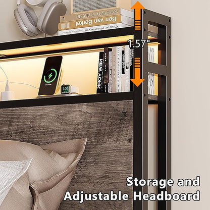 VINGLI King Bed Frame with 4 Storage Drawers and Adjustable Headboard Shelf, Metal Platform Captain Bed with Charging Station and RGB LED Lights, No Box Spring Needed, Noise Free, Wash Grey