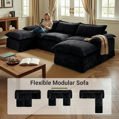 Claiks 123" Modular Boneless Couch, U Shaped Couch for Living Room, Modern Deep Seat Sofa 3 Seater Chenille Fabric Comfy Cloud Couches with Movable Ottoman, Black