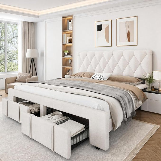 GarveeHome Queen Size Bed Frame, Upholstered Platform Bed Frame with Storage Drawers, Mattress Foundation with Solid Wooden Slats Support, No Box Spring Needed, Beige