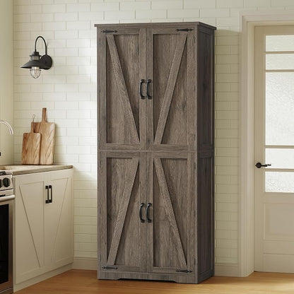TEENFON Tall Storage Cabinet, Kitchen Pantry Cabinet with 4 Shelves, Adjustable Shelves, Pantry Cabinets with 4 Barn Doors, Tall Kitchen Cabinets for Dining Room, Living Room, Dark Walnut