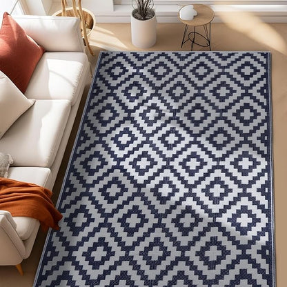 SAND MINE Reversible Mats, Plastic Straw Rug, Modern Area Rug, Large Floor Mat and Rug for Outdoors, RV, Patio, Backyard, Deck, Picnic, Beach, Trailer, Camping, Dark Blue & White, 5' x 8'