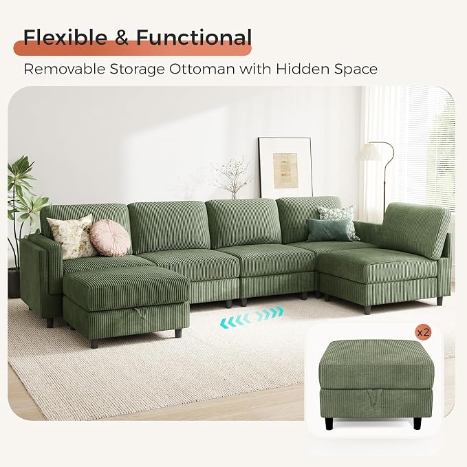 KKL Modular Sectional Sofa Bed with Storage Ottoman, Convertible L/U-Shaped Sleeper Couch for Living Room, Modern Reversible Design(Green,6 Seater U Shape)