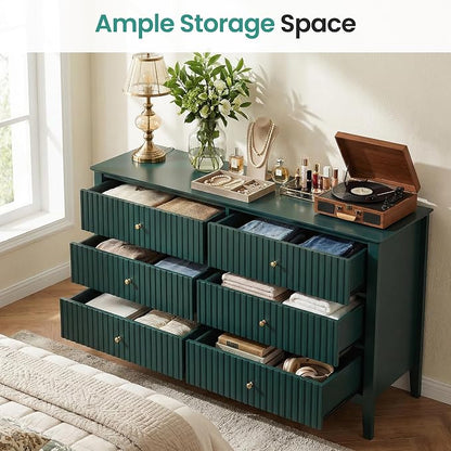 RoyalCraft 6 Drawer Dresser, Fluted Modern Wood Chest of Drawers, Long Dresser for Bedroom TV Stand Storage Cabinet for Living Room, Green