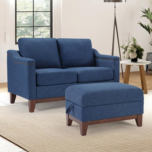 HAOMARKETS 2 Piece Fabric Sofa Set with Nailhead Trim, Included Loveseat 2-Seater Couches with Thicked Cushion and Upholstered Storage Ottoman with Flip-Top Table, Living Room Furniture Set,Blue