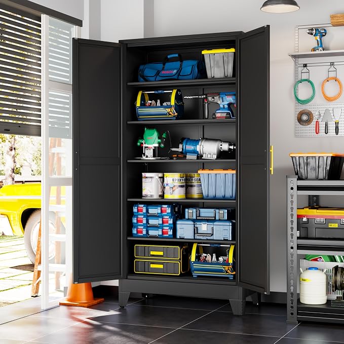 winiowa Tall Metal Kitchen Pantry Storage Cabinet with 2 Doors and 5 Adjustable Shelves - 75.2" Kitchen Cabinet with Gold Handles for Kitchen, Bathroom, Dining Room, Living Room - Black