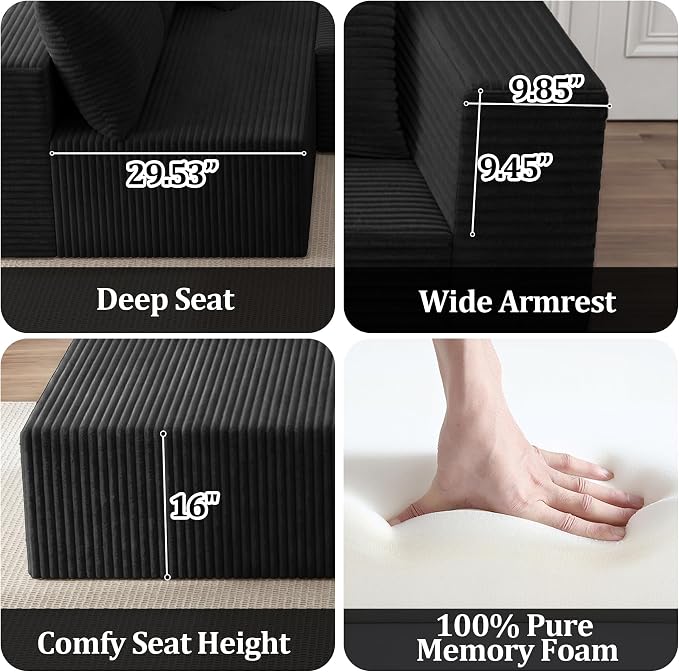 108" Modular Sectional Sofa, L-Shaped Cloud Couch with Deep Seats & Chaise, Convertible 4-in-1 Corduroy Boneless Couches for Living Room, Bedroom, No Need Assembly,Black(Right Facing Chaise)
