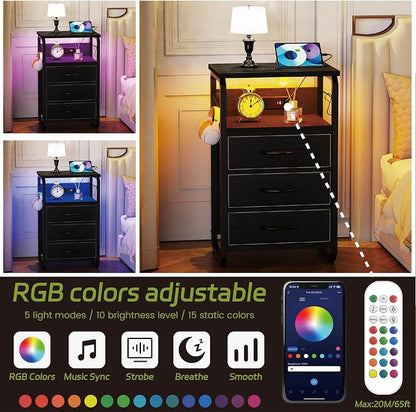 runjuly Bedside Table with 3 Fabric Drawers, LED Nightstand with Hooks, Metal Night Stand, Small End Table with Charging Station and Storage, Night Table for Bedroom, Modern Black