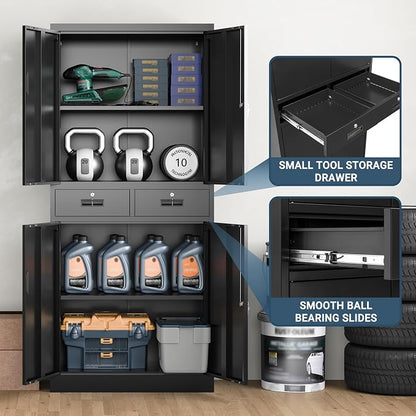 71" H Tall Metal Storage Cabinet with 2 Drawers, Metal Garage Storage Cabinet with Lock and 2 Adjustable Shelves for Home, Office, Garage, Warehouse Organize, Black