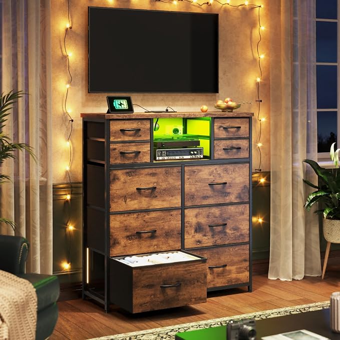 Romorgniz Dresser for Bedroom with LED Lights & Power Outlets 2 AC & 2 USB, Fabric 10 Drawer Dressers & Chest of Drawers with Open Shelves for Hallway Living Room, Metal Frame, Wood Top, Rustic Brown