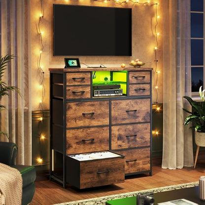 Romorgniz Dresser for Bedroom with LED Lights & Power Outlets 2 AC & 2 USB, Fabric 10 Drawer Dressers & Chest of Drawers with Open Shelves for Hallway Living Room, Metal Frame, Wood Top, Rustic Brown
