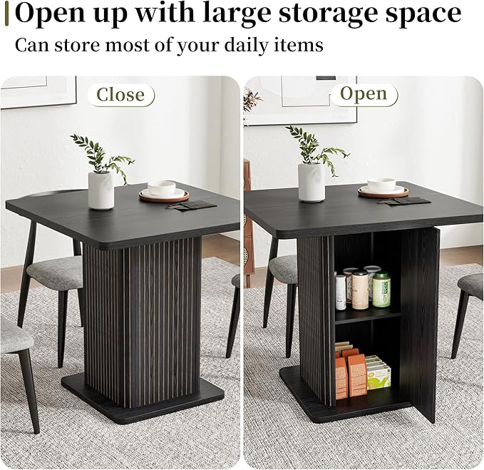 Small Black Dining Table for 2-4, 31.5 Inch Farmhouse Square Kitchen Table with 2-Tier Storage Shelf, Modern Wood Dinner Furniture with Fluted Doors, Dining Room, Living Room, Space Saving