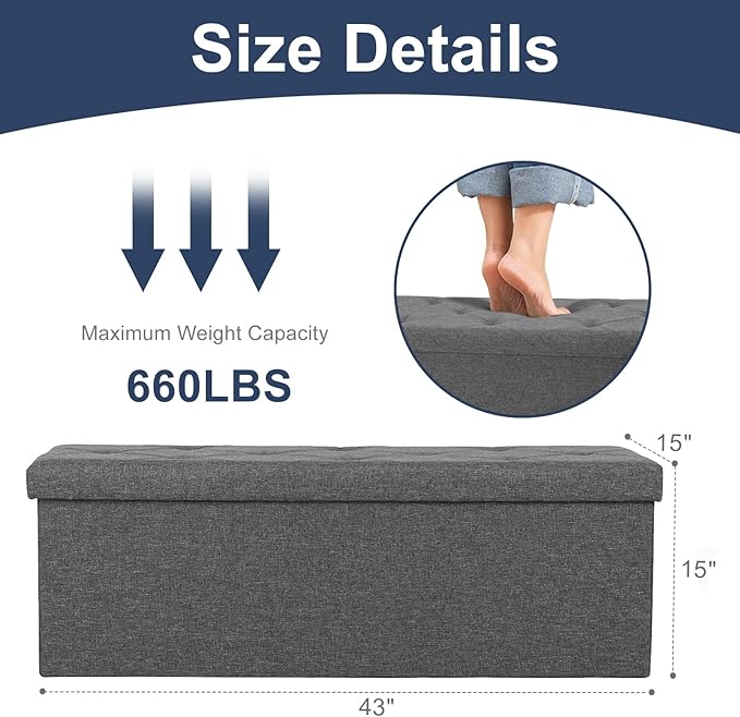 DUMOS 43 Inch Folding Storage Ottoman Bench, Large Hidden Storage Chest with Thicker Foam Padded Seat, End of Bed Foot Rest Stool for Bedroom Living Room Entryway, Load 660 lbs, Grey