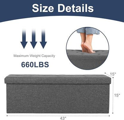 DUMOS 43 Inch Folding Storage Ottoman Bench, Large Hidden Storage Chest with Thicker Foam Padded Seat, End of Bed Foot Rest Stool for Bedroom Living Room Entryway, Load 660 lbs, Grey