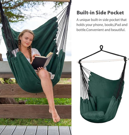 SUNCREAT Hammock Chair Hanging Rope Swing Seat-Max 450lbs Capacity, Extra Large Hanging Swing with Metal Support Bar, Side Pocket, Green