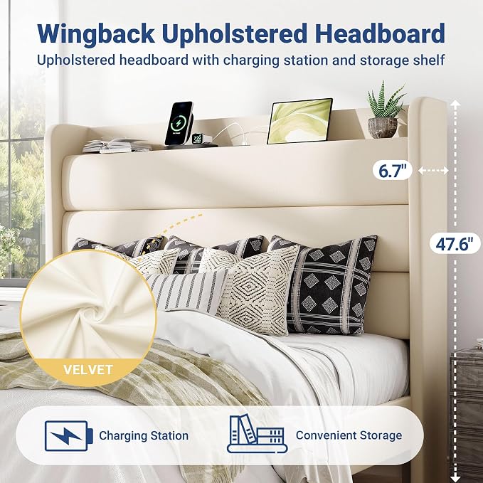 Allewie Queen Size Upholstered Bed Frame with Charging Station & Storage Headboard, Soft Velvet Wingback Platform Bed, Strong Wooden Slats Support, No Box Spring Needed, Easy Assembly, Cream