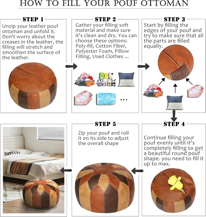 Thgonwid Unstuffed Moroccan Faux Leather Pouf Ottoman Cover with Storage - Boho Chic Multi-Use Footrest for Living Room, Bedroom, Patio - Round Ethnic Floor Cushion & Decorative Accent, Tricolor