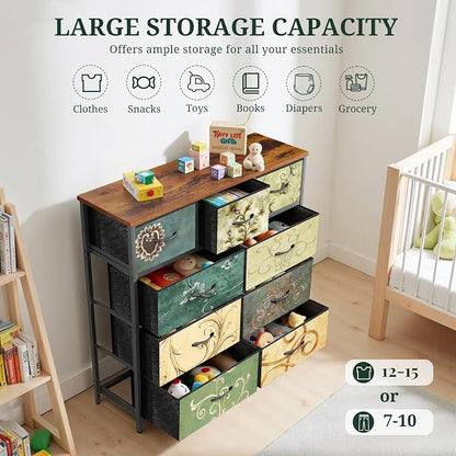 9-Drawer Dresser for Bedroom, Anti-Tip Tall Storage Organizer Chest of Drawers with Wooden Top and Metal Frame Fabric Bins for Closet, Living Room, Hallway, Entryway, Floral Painted