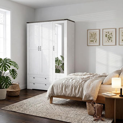 Yechen 71" Wooden Armoire Wardrobe Closet with Mirror and 4 Drawers, 3-Door Modern Functional Clothes Tall Storage Cabinet with 4 Adjustable Shelves and Hanging Rod, Freestanding Wardrobes for Bedroom