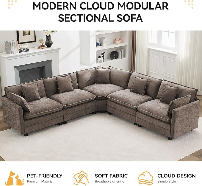 113'' V Shaped Cloud Sectional Sofa, Oversized Deep Seat Couches for Living Room, Chenille Comfy Upholstered Modular Sectional Sofa Couch,Brown