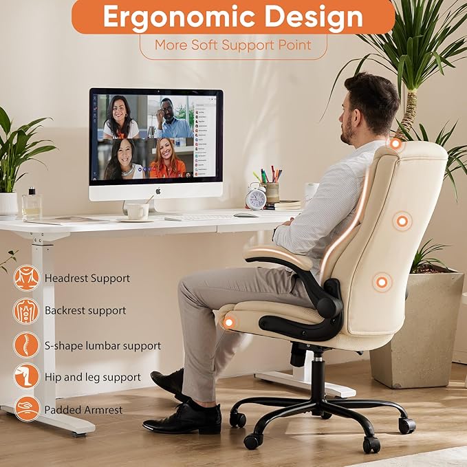 Sweetcrispy Ergonomic Computer Gaming Office Chair Set of 2, Heavy Duty Task Desk Swivel Rolling Chairs with Wheels, Flip-up Arms, Adjustable Height, PU Leather,Cream White