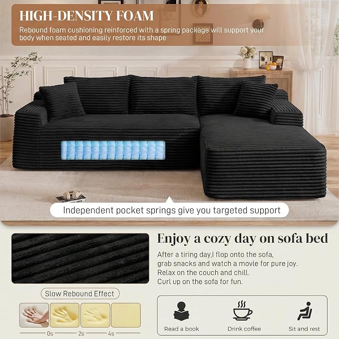 95" L Shaped Cloud Boneless Sectional Couches for Living Room, Modern Comfy Modular Deep Seat Memory Foam Compressed Corduroy Sofa Oversized Right Facing Chaise, No Assembly Required, Balck