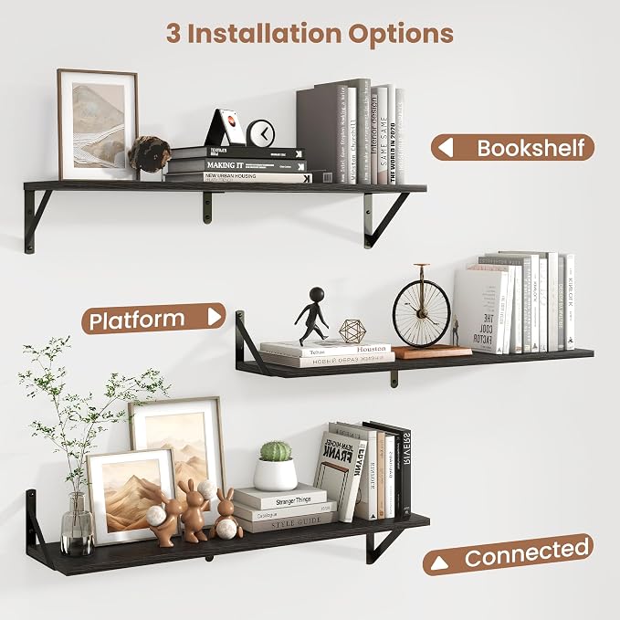 Axeman 32 Inch Floating Shelves | 8 Inch Deep Black Wood Wall Shelves Set of 2 | 31.5" W x 8" D Rustic Black Shelves for Bathroom Kitchen Living Room