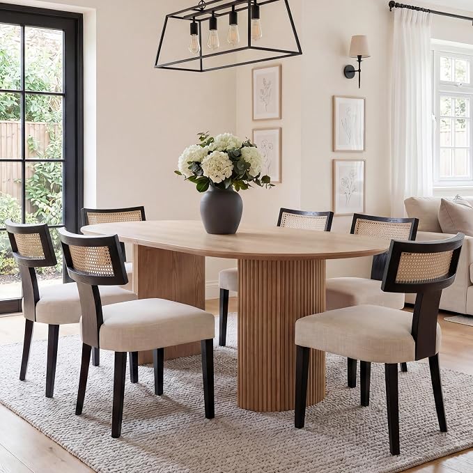 HNY Mid Century Modern Rattan Dining Chairs Set of 6, Farmhouse Linen Upholstered Accent Chair Curved Backrest Kitchen Chairs, with Black Hardwood Frame, Beige