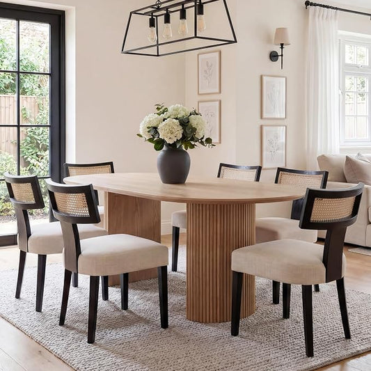 HNY Mid Century Modern Rattan Dining Chairs Set of 6, Farmhouse Linen Upholstered Accent Chair Curved Backrest Kitchen Chairs, with Black Hardwood Frame, Beige