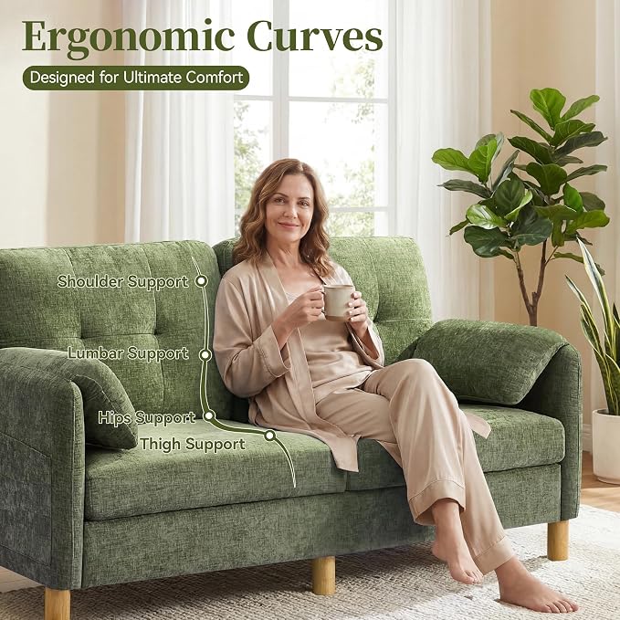 65" Loveseat Sofa, Mid Century Loveseat Couch for Living Room with Storage Pockets, Upholstered Small Loveseat for Small Spaces, Bedroom, Home Office, Apartments, Small Sofa Chenille Green
