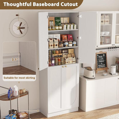 Cyclysio 80" Kitchen Pantry, Extra Tall Arch Storage Cabinet with 4 Soft Close Doors and Adjustable Shelves, Freestanding Wood Cupboard with Seamless Fit Wall for Dining Living Room Bathroom Furniture