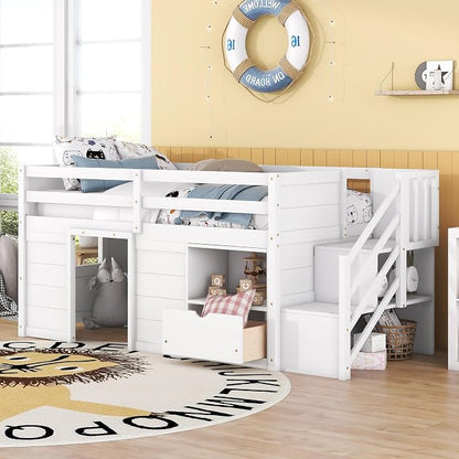 Bellemave Twin Size Low loft Bed for Kids,Wood Loft Beds,Modern Farmhouse Twin loft Bed,Loft Bed with Desk and Storage, No Box Spring Needed,for Kids,White