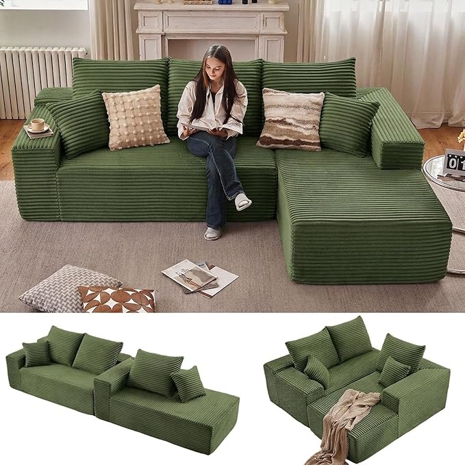 Sectional Couches for Living Room Cloud Couch Sofa with L-Shape Couch in a Box Upholstered Boneless Couchs Modern Modular Sectional Couch with Chaise (Green,B-3 Seater-Right-Facing Chaise-96 inch)