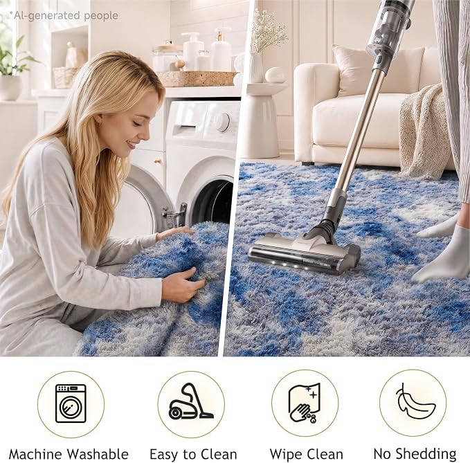 Ophanie 8x10 Blue and Gray Area Rugs for Living Room,Large Navy Grey White Fluffy Shag Fuzzy Plush Soft Carpets,Floor Shaggy Rugs for Bedroom,Carpet for Kids Dorm Decor with Over 99 pcs Pile fibers