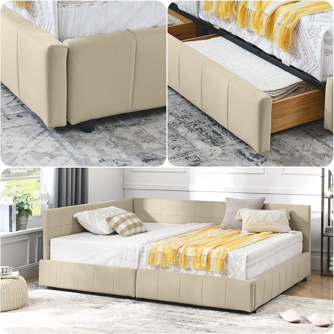 KEIKI Full Size L Shape Corner Bed Frames with 2 Storage Drawer, Backrest and Armrests, Velvet Upholstered Sofa Daybed for Small Room, Living Room, Bedroom, Guest Room, Kids' Room