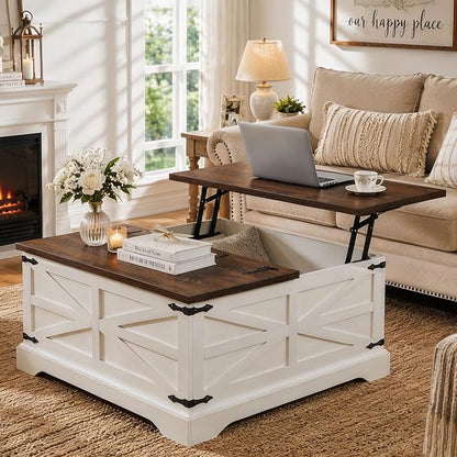 JXQTLINGMU Farmhouse Lift-Top Coffee Table with Large Storage, 36" Square Wood Living Room Table with Hidden Compartment and Raised Dining Surface, White and Brown