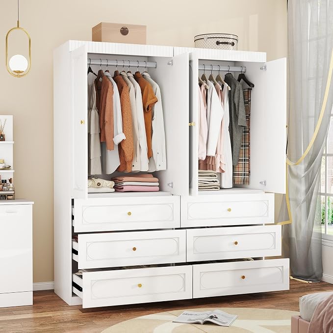 Wooden Wardrobe Closet with Doors: 75" Tall White Armoire Wardrobe Closet with 6 Drawers and 4 Doors, Modern Clothes Cabinets for Bedroom Armoires with Hanging Rod (6-Drawers, 63")