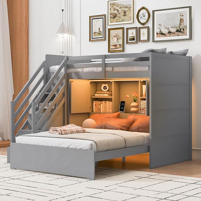 RUNNA Twin Over Full Bunk Bed with Storage Stairs,USB,Light Gray | Twin over full bunk bed with storage stairs,USB charging station,light,solid wood,guardrails,no box spring needed,Light Gray