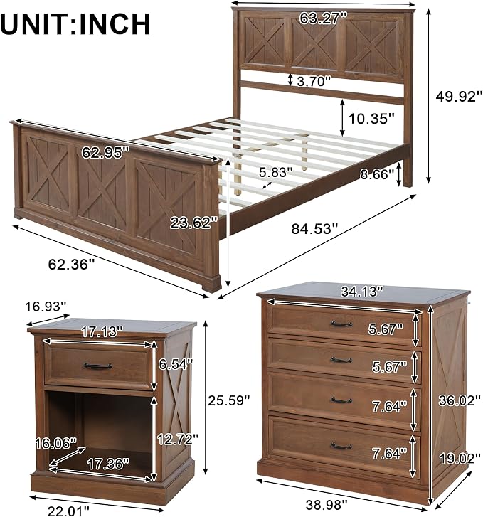 Harper & Bright Designs 4 Piece Bedroom Set, Farmhouse Queen Size Bedroom Furniture Sets with Wooden Platform Bed Frame, Bedroom Furniture Sets with 2 Storage Nightstands and Dresser, Walnut