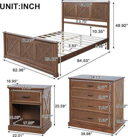 Harper & Bright Designs 4 Piece Bedroom Set, Farmhouse Queen Size Bedroom Furniture Sets with Wooden Platform Bed Frame, Bedroom Furniture Sets with 2 Storage Nightstands and Dresser, Walnut