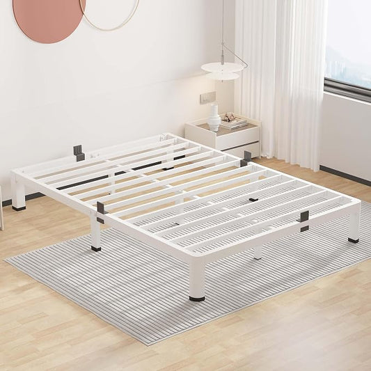 ROIL 10 Inch White Full Bed Frame with Rounded Corner and Mattress Retainers, 3500LBS Heavy Duty Steel Slats No Box Spring Needed Platform Noise-Free Easy Assembly