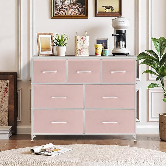 7-Drawer Dresser for Bedroom, Anti-Tip Wide Storage Organizer Fabric Chest of Drawers TV Stand for 45" TV with Wooden Top and Metal Frame for Closet, Living Room, Hallway, Entryway, Pink