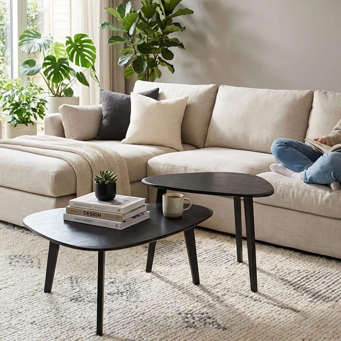 Nesting Coffee Table Set of 2-Mid Century Modern Coffee Table | Guitar Pick Stacking Tables with Solid Wood Legs,Small Coffee Tables for Small spaces,Living Room,Balcony