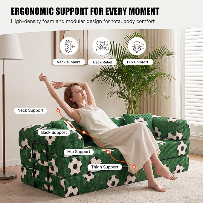 79" World Cup Soccer Sofa Bed, Green Soccer Ball Corduroy Convertible Couch, Foldable Sleeper Futon Floor Sofa for Game Day Watch Parties, Removable Machine-Washable Cover, 2 Pillows