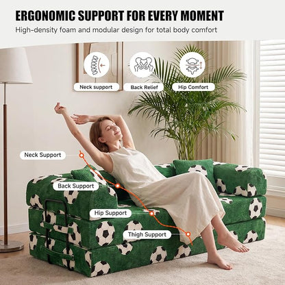 79" World Cup Soccer Sofa Bed, Green Soccer Ball Corduroy Convertible Couch, Foldable Sleeper Futon Floor Sofa for Game Day Watch Parties, Removable Machine-Washable Cover, 2 Pillows