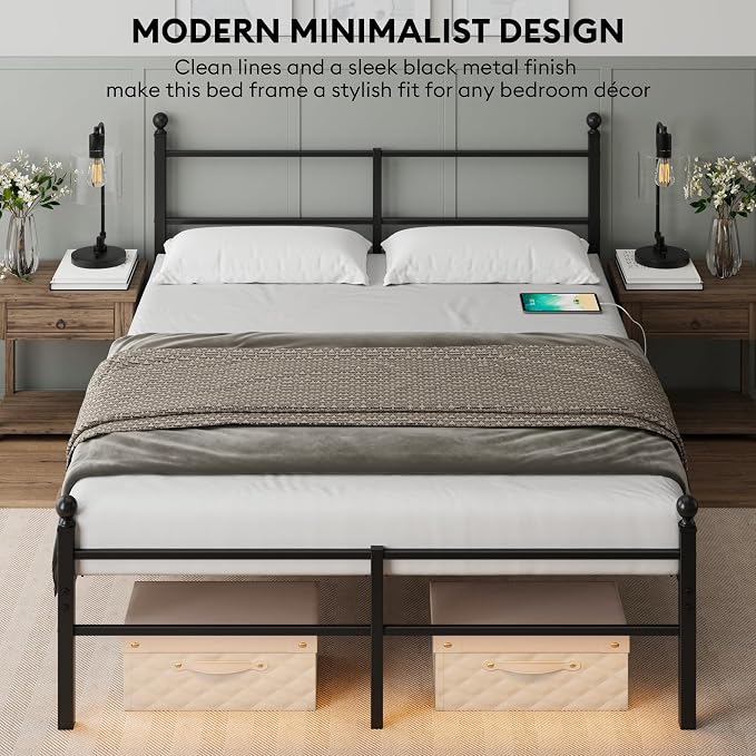 Queen Size Bed Frame with Headboard - Metal Platform Bed with LED Lights, Charging Station, Under Bed Storage and Heavy Duty Steel Slats Support - No Box Spring Needed, Easy Assembly, Black