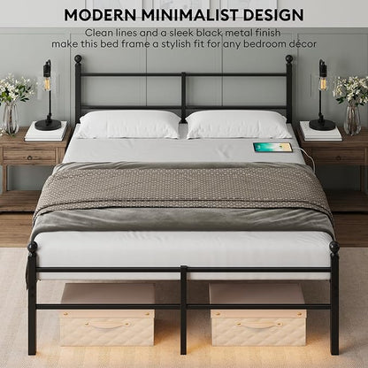 Full Size Bed Frame with Headboard - Metal Platform Bed with LED Lights, Charging Station, Under Bed Storage and Heavy Duty Steel Slats Support - No Box Spring Needed, Easy Assembly, Black