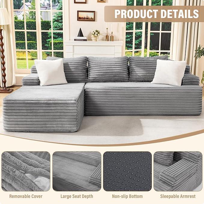 Hobestluk Boneless Couch Modular Sectional Sofa L-Shape Cloud Couch Lounge | 96" Left Facing Chaise Pale Gray,Memory Foam,Removable Cover,Non-slip Bottom,No Assemble Required,Furniture for Small Home