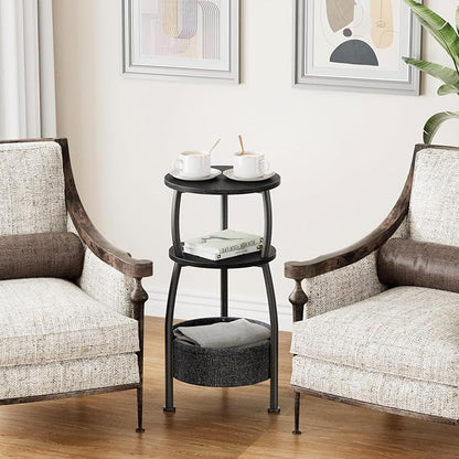 Small Round Side Table for Living Room with Storage Basket –Small Space Saving End Table 3-Tier Accent Nightstand Couch Corner Table for Sofa, Bedroom, Patio and More 24in Tall Classic Black