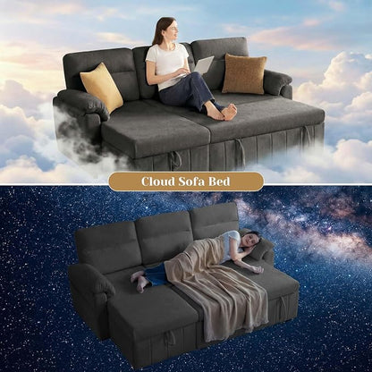 Tbfit 80'' Pull Out Sofa, 3 in 1 Sleeper Sofa Couch with USB & Storage Chaise, Cloud Sofa Bed with Pull Out Bed, Chenille Convertible Sleeper Sofas for Living Room, Small Spaces, Dark Gray